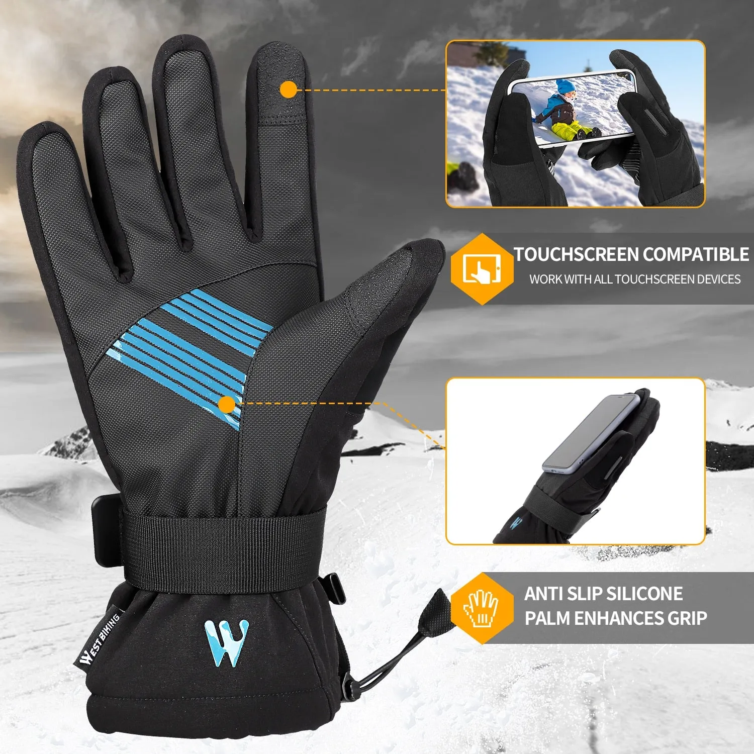 2 Pairs Suit Ski Gloves Winter Super Warm 3M Thinsulate Snowmobile Touch Screen Motorcycle Cycling Sports Gloves