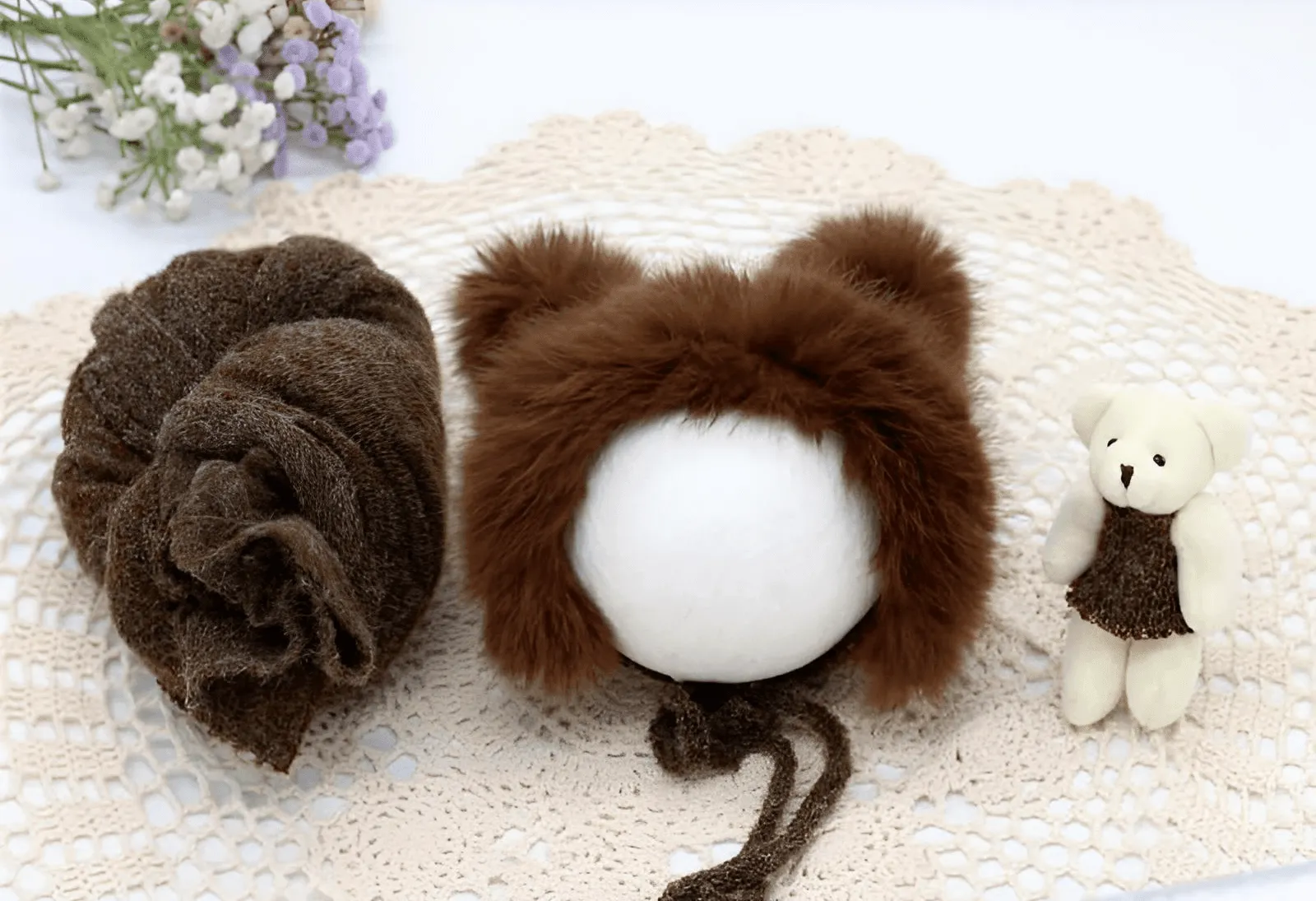 3pcs/Set Newborn Photography Wraps    Faux Fur Hat   Bear Doll