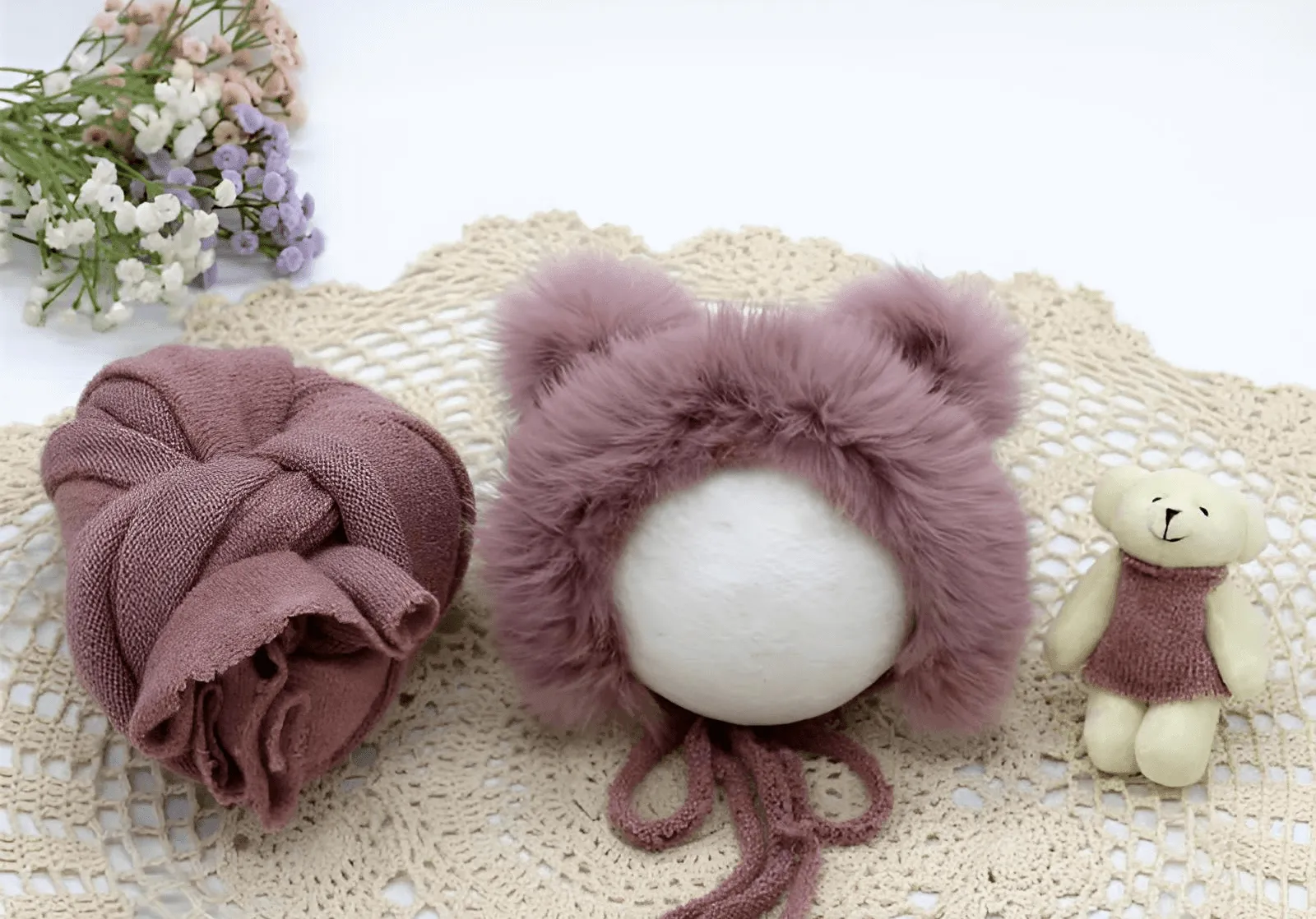 3pcs/Set Newborn Photography Wraps    Faux Fur Hat   Bear Doll