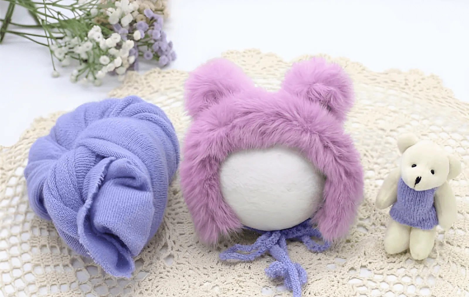 3pcs/Set Newborn Photography Wraps    Faux Fur Hat   Bear Doll