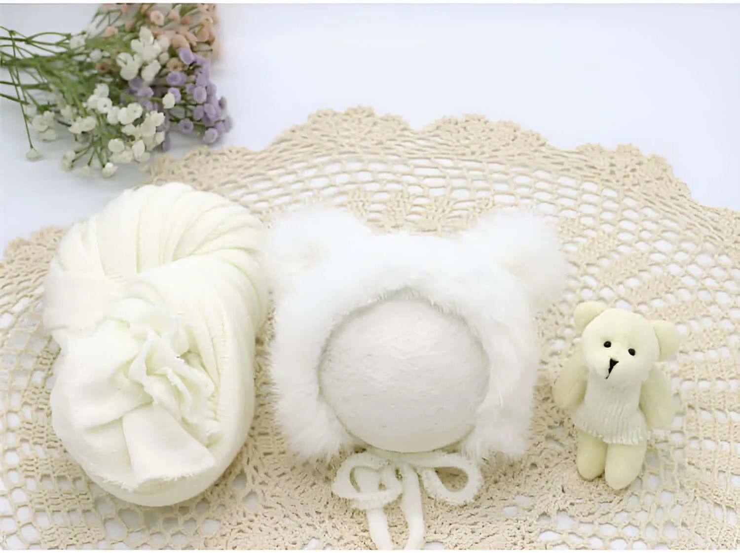 3pcs/Set Newborn Photography Wraps    Faux Fur Hat   Bear Doll