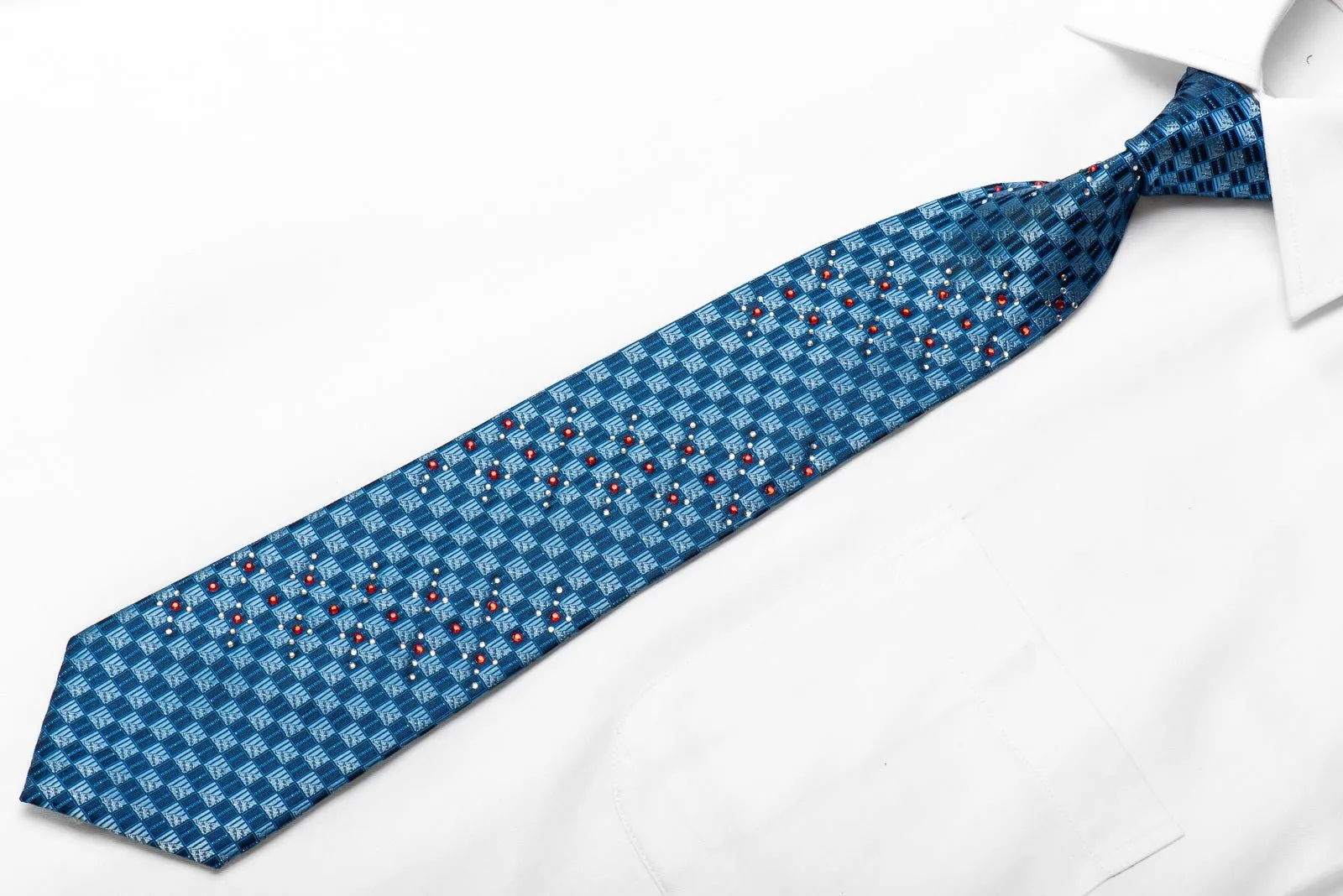 Armarichi Men's Crystal Rhinestone Silk Necktie Blue Checkered With Silver Sparkles