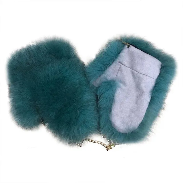 Ashore shop Women's Fox fur Luxury Warm winter Gloves Mittens