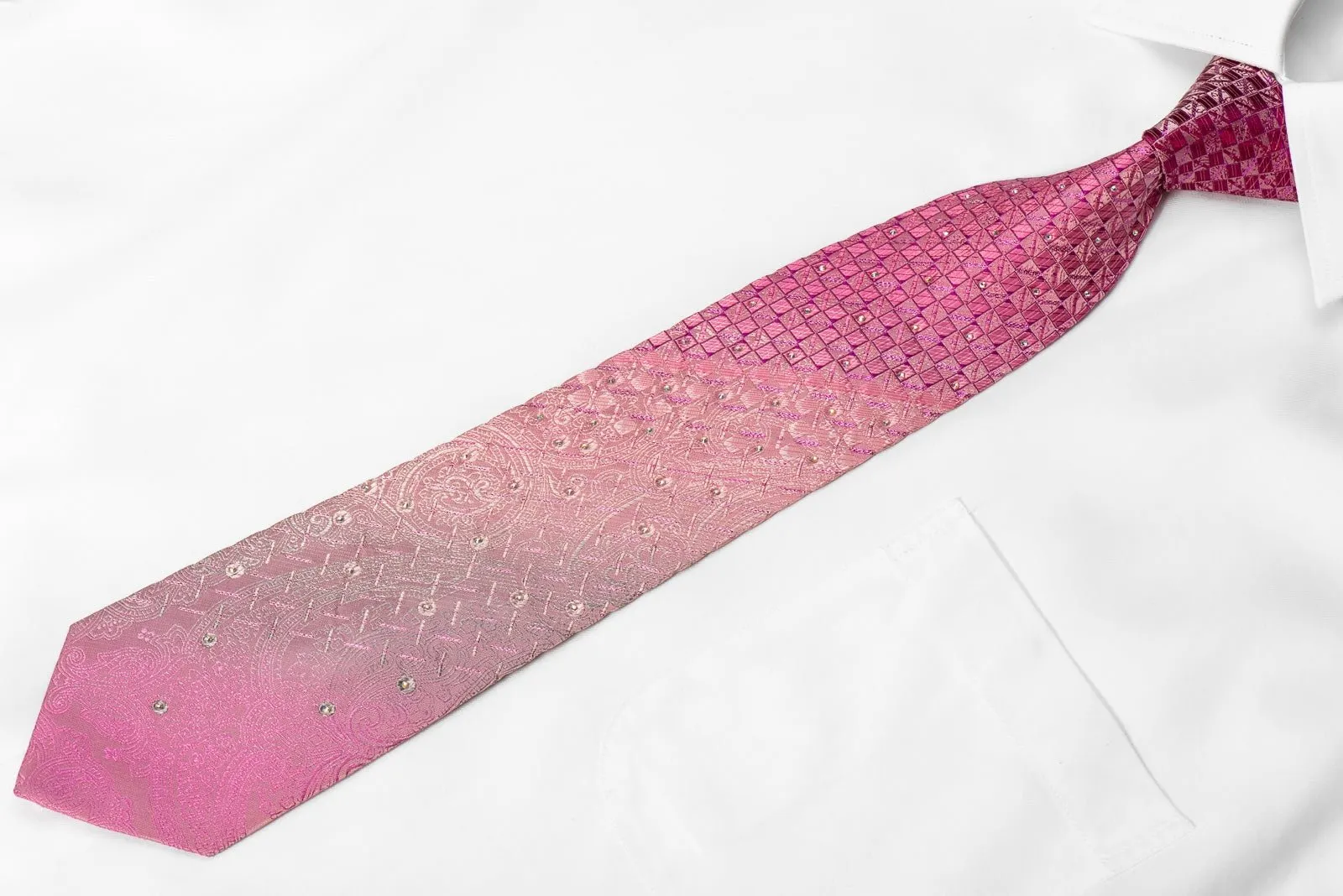 Avalon Mens Crystal Silk Necktie Checkered & Paisley On Pink With Sparkles