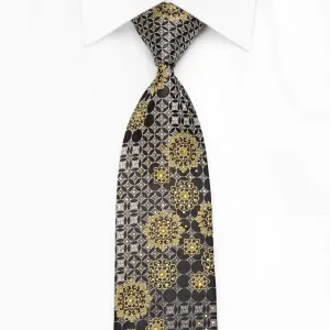 Avalon Men's Crystal Silk Necktie Gold Medallions Silver Geometric On Black With Gold Sparkles