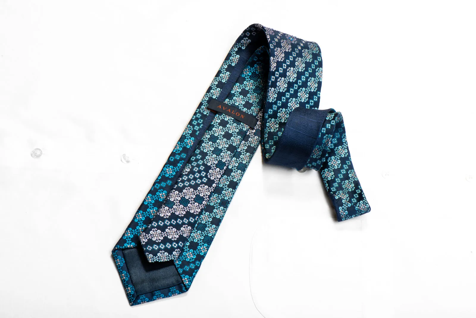 Avalon Rhinestone Silk Necktie Silver Blue Cartouche On Navy With Sparkles