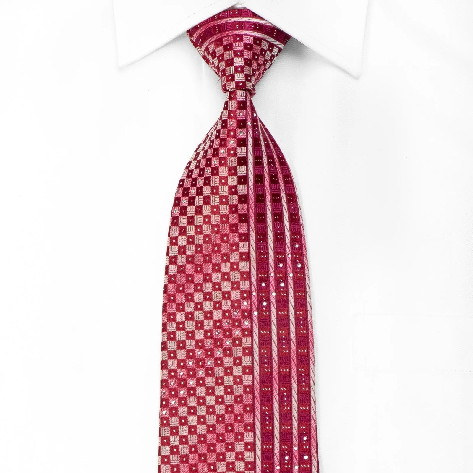 Basic Elle Men's Crystal Rhinestone Silk Necktie Burgundy Striped & Checkered With Silver Sparkles