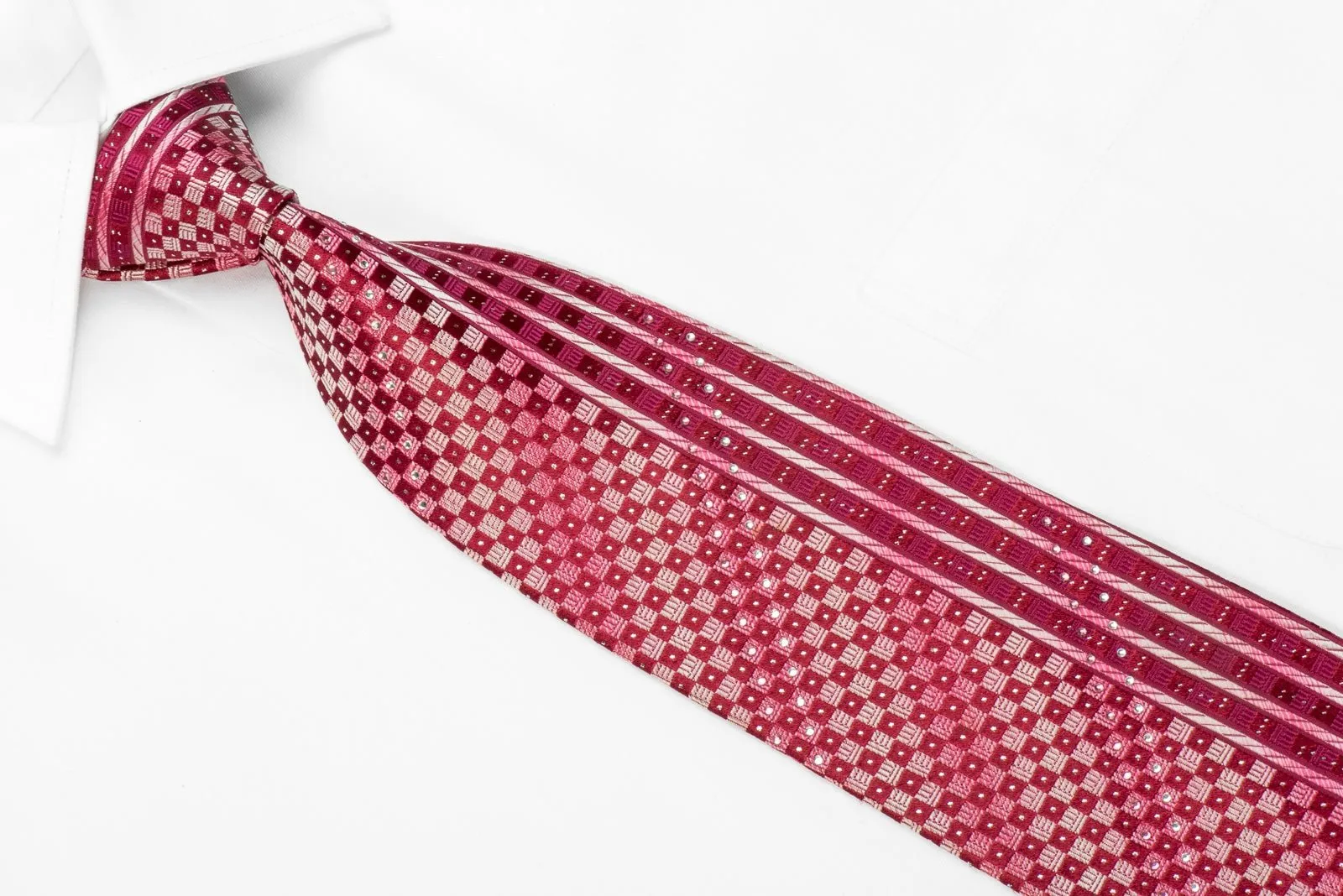 Basic Elle Men's Crystal Rhinestone Silk Necktie Burgundy Striped & Checkered With Silver Sparkles