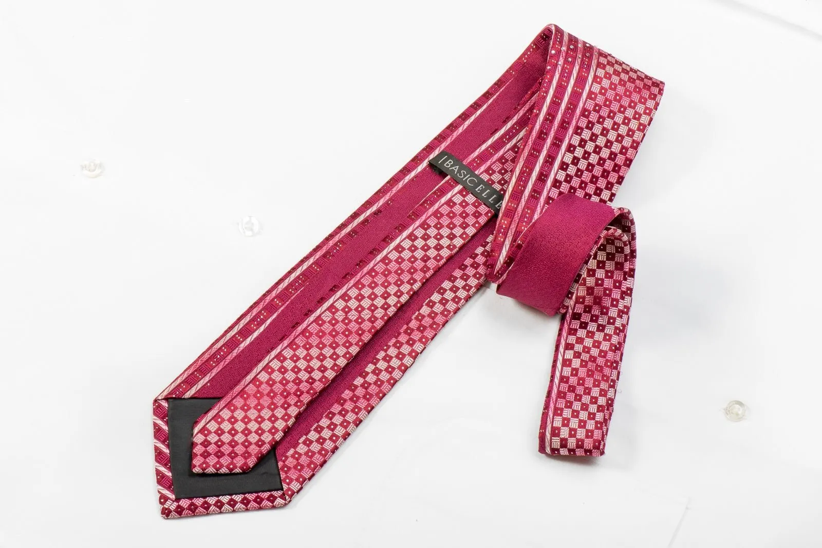 Basic Elle Men's Crystal Rhinestone Silk Necktie Burgundy Striped & Checkered With Silver Sparkles