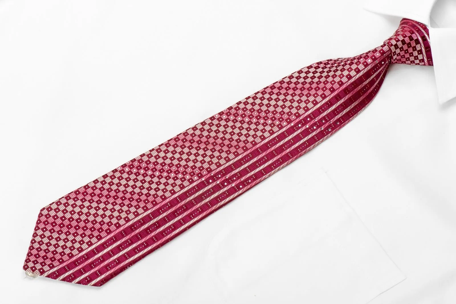 Basic Elle Men's Crystal Rhinestone Silk Necktie Burgundy Striped & Checkered With Silver Sparkles