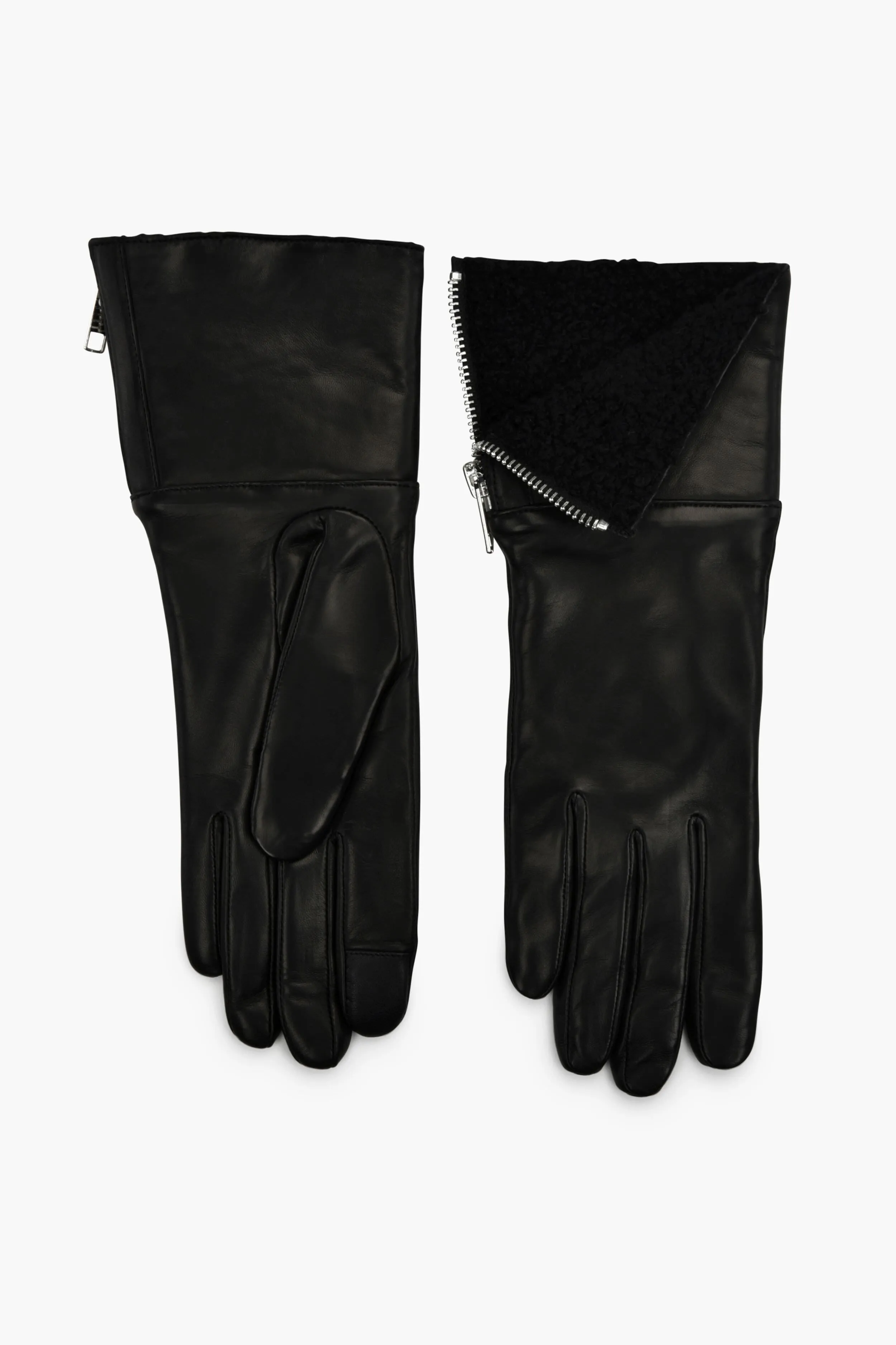 Black Touch Tech Leather with Shearling Cuff Gloves