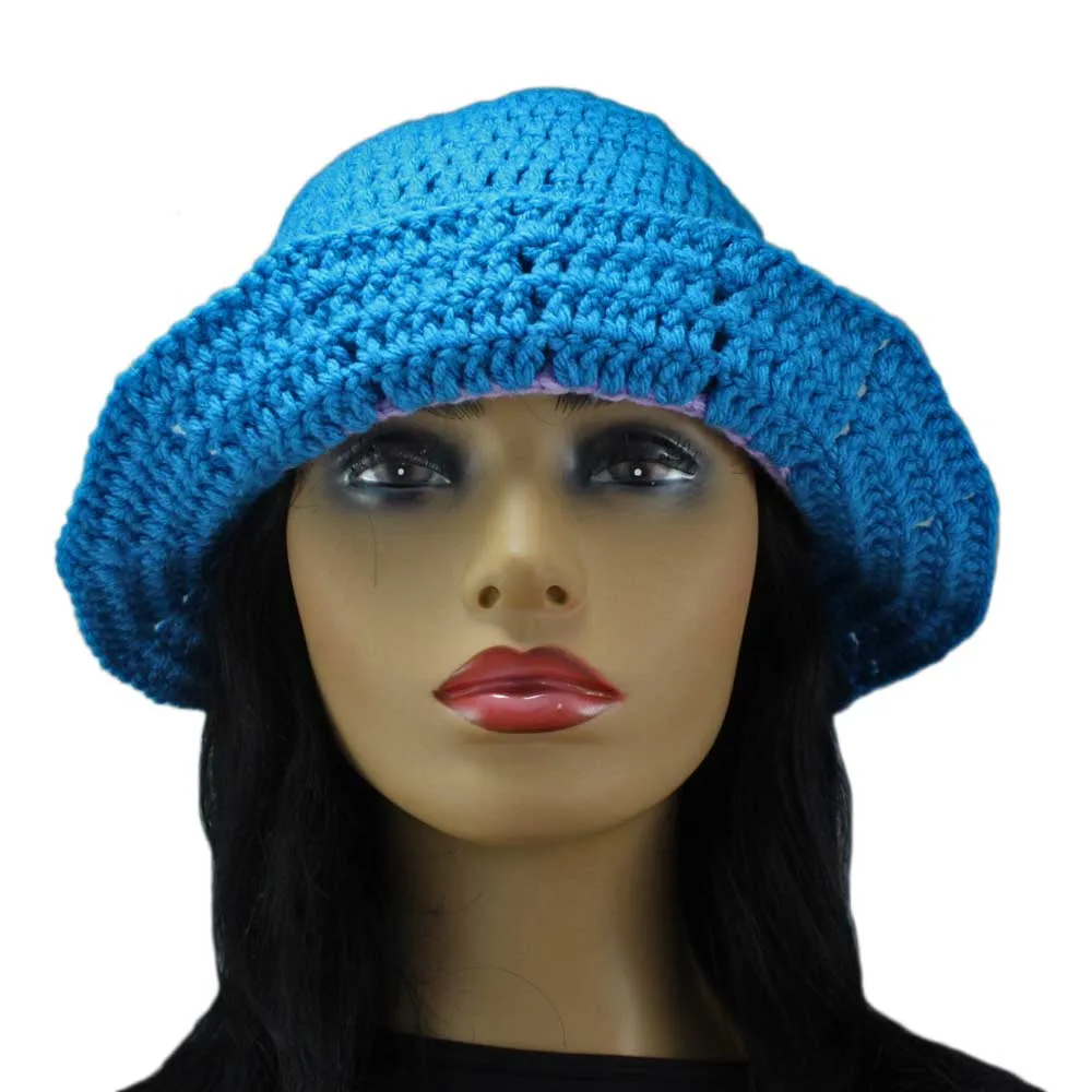 Blue with Lavender Trim Crochet Summer Hat Medium/Large - STXH12