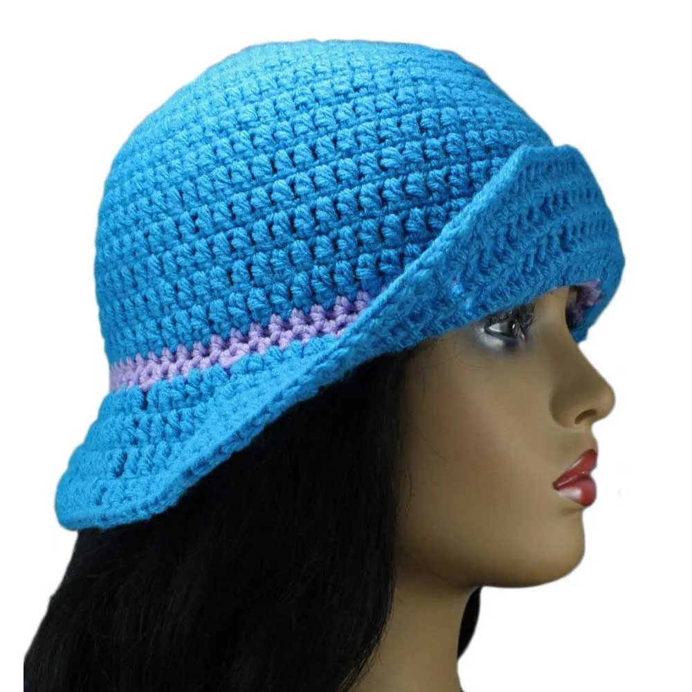 Blue with Lavender Trim Crochet Summer Hat Medium/Large - STXH12