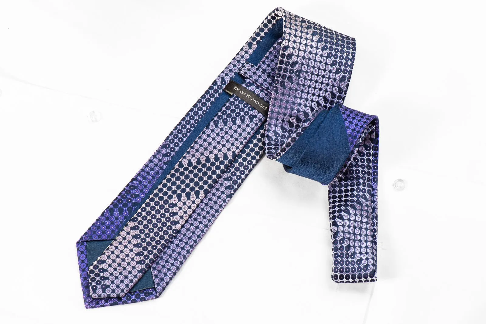 Brentwood Men's Crystal Silk Tie Purple Dots On Navy With Silver Sparkles