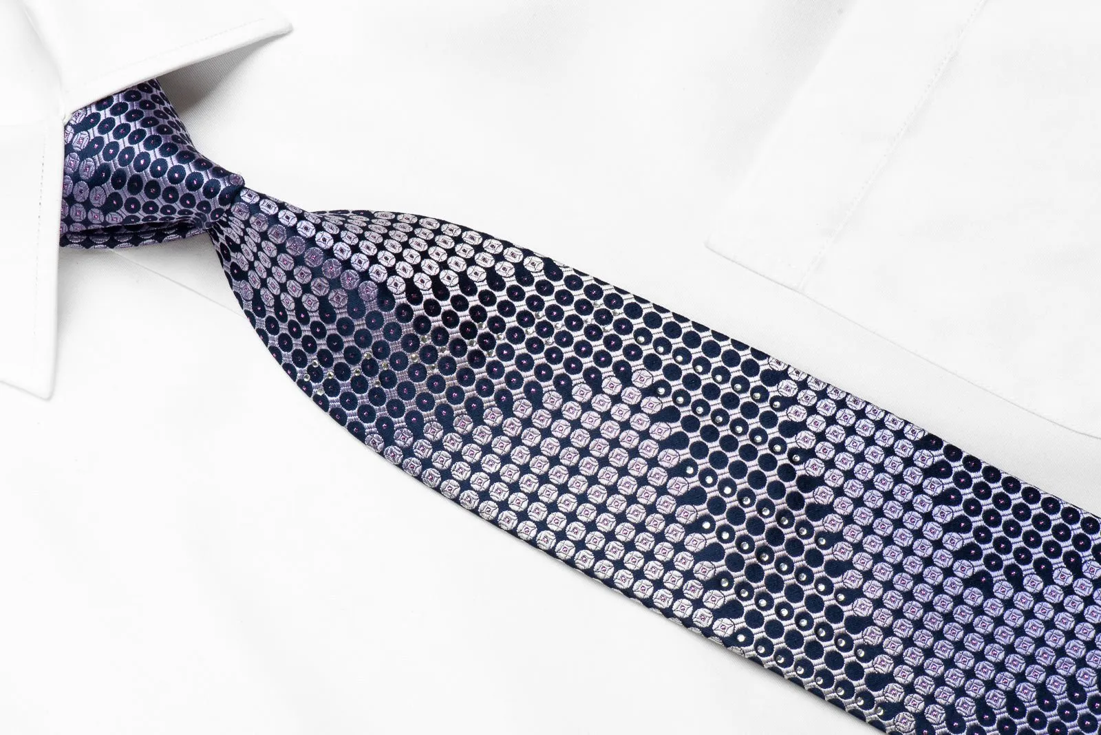 Brentwood Men's Crystal Silk Tie Purple Dots On Navy With Silver Sparkles