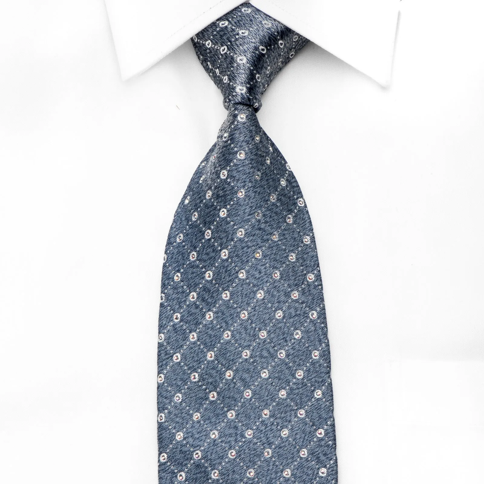 Cabrini Men's Crystal Silk Tie Silver Trellis On Silver Blue With Sparkles