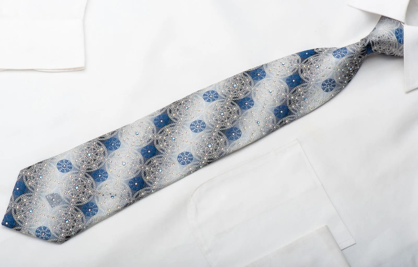 Cabrini Men's Silk Necktie Medallions On Silver Sparkling With Crystal Rhinestones