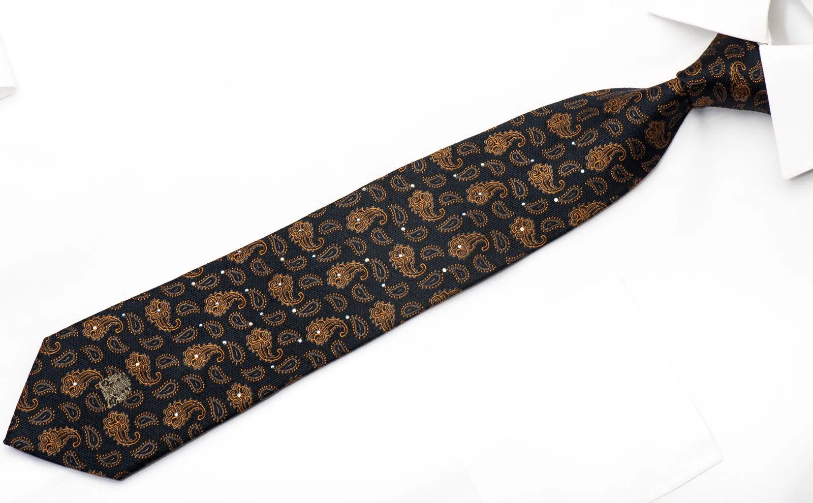 Cabrini Men's Silk Necktie Orange Floral On Navy Sparkling With Rhinestones