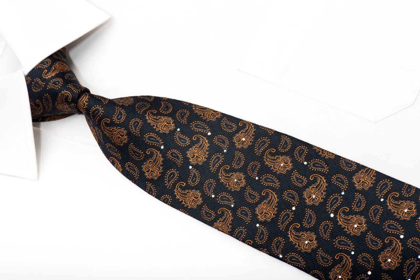 Cabrini Men's Silk Necktie Orange Floral On Navy Sparkling With Rhinestones