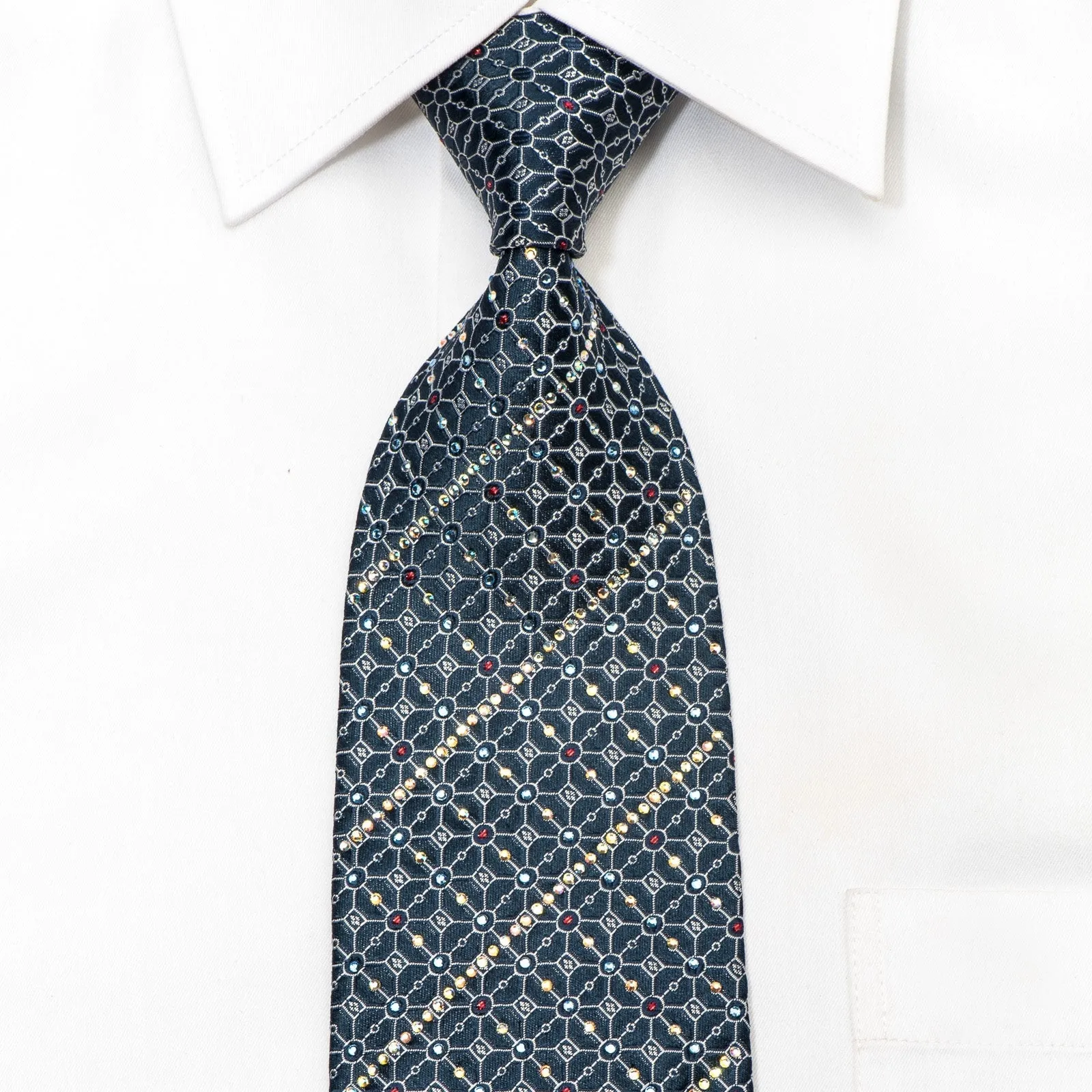 Cabrini Men's Silk Tie Silver Trellis On Blue Sparkling With Rhinestones