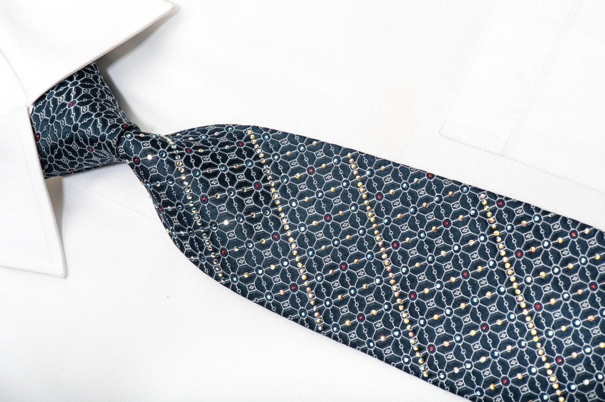 Cabrini Men's Silk Tie Silver Trellis On Blue Sparkling With Rhinestones