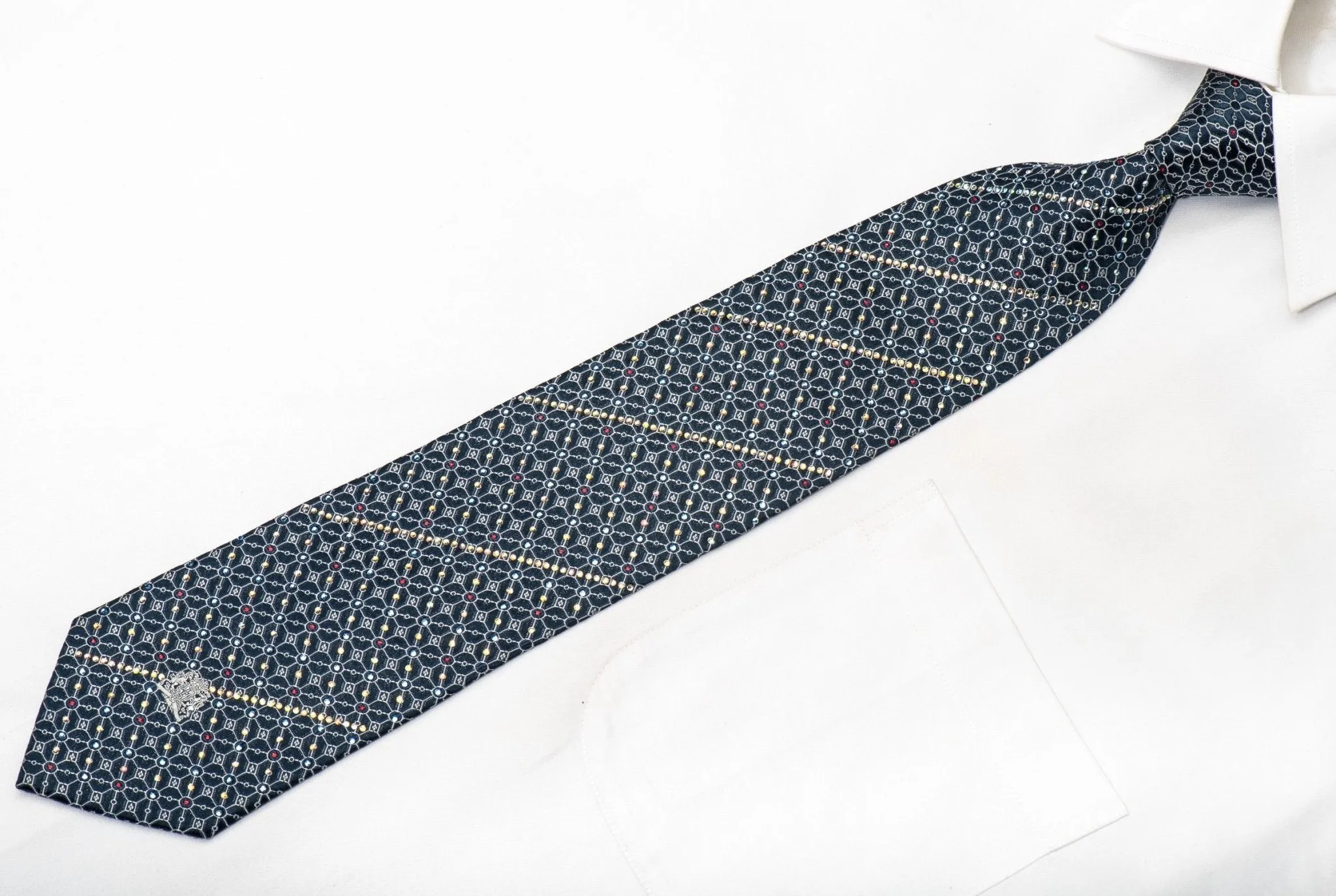 Cabrini Men's Silk Tie Silver Trellis On Blue Sparkling With Rhinestones