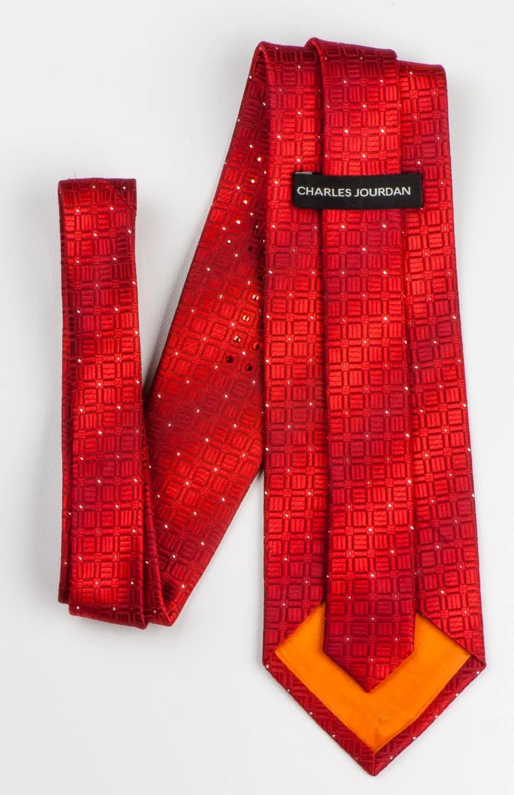 Charles Jourdan Silk neck Tie Woven Trellis On Graduating Red With Rhinestones