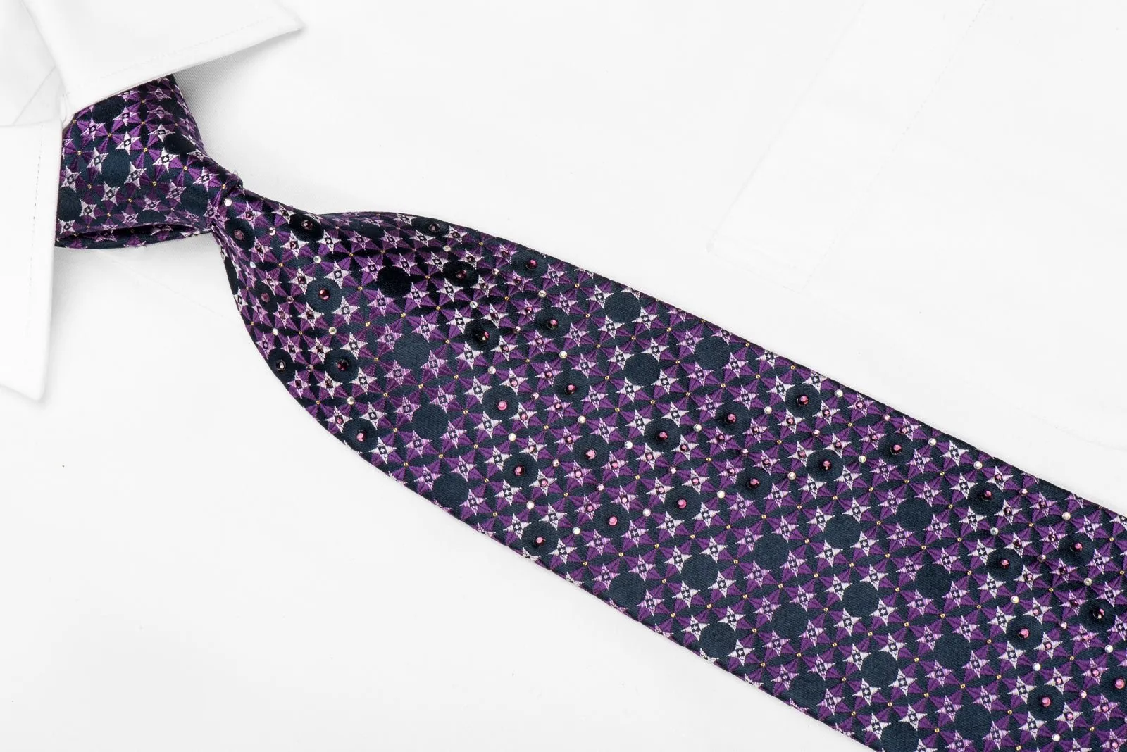 Christian Aujard Men's Crystal Rhinestone Silk Necktie Purple Geometric On Navy With Sparkles