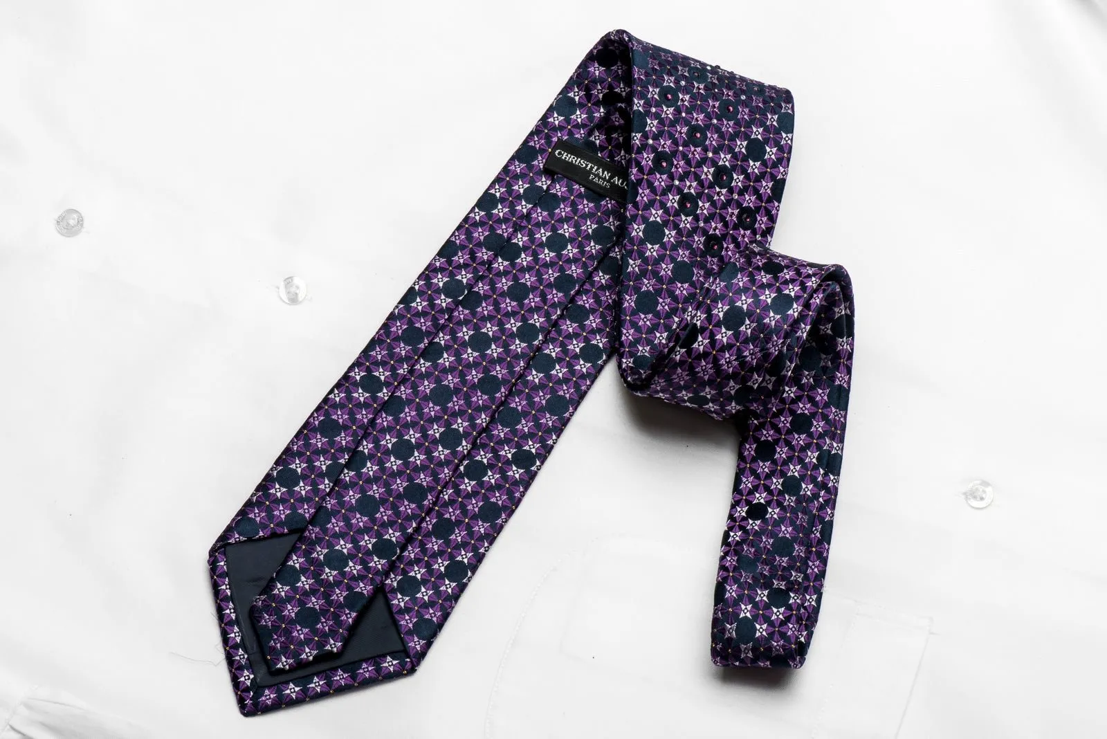 Christian Aujard Men's Crystal Rhinestone Silk Necktie Purple Geometric On Navy With Sparkles