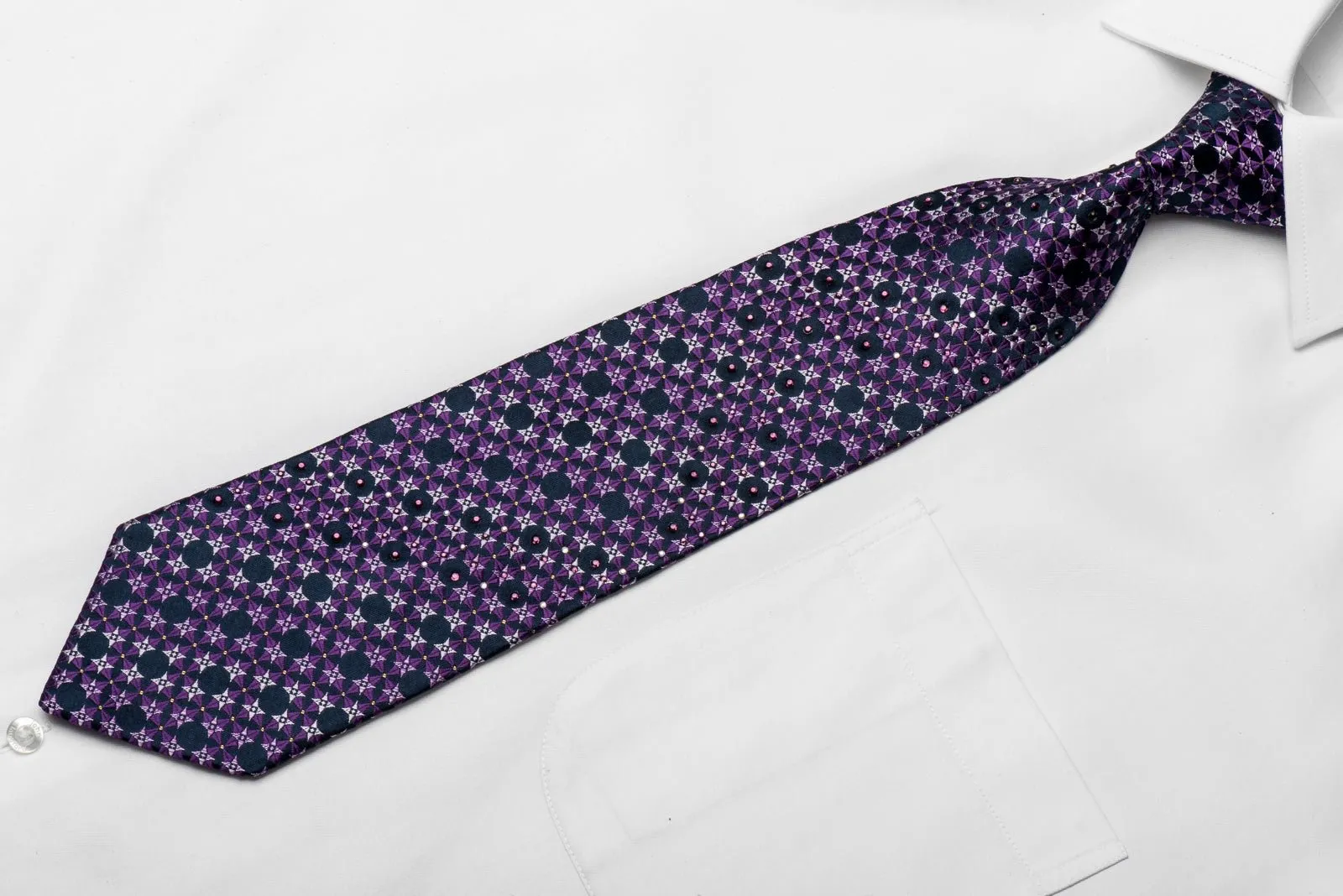 Christian Aujard Men's Crystal Rhinestone Silk Necktie Purple Geometric On Navy With Sparkles