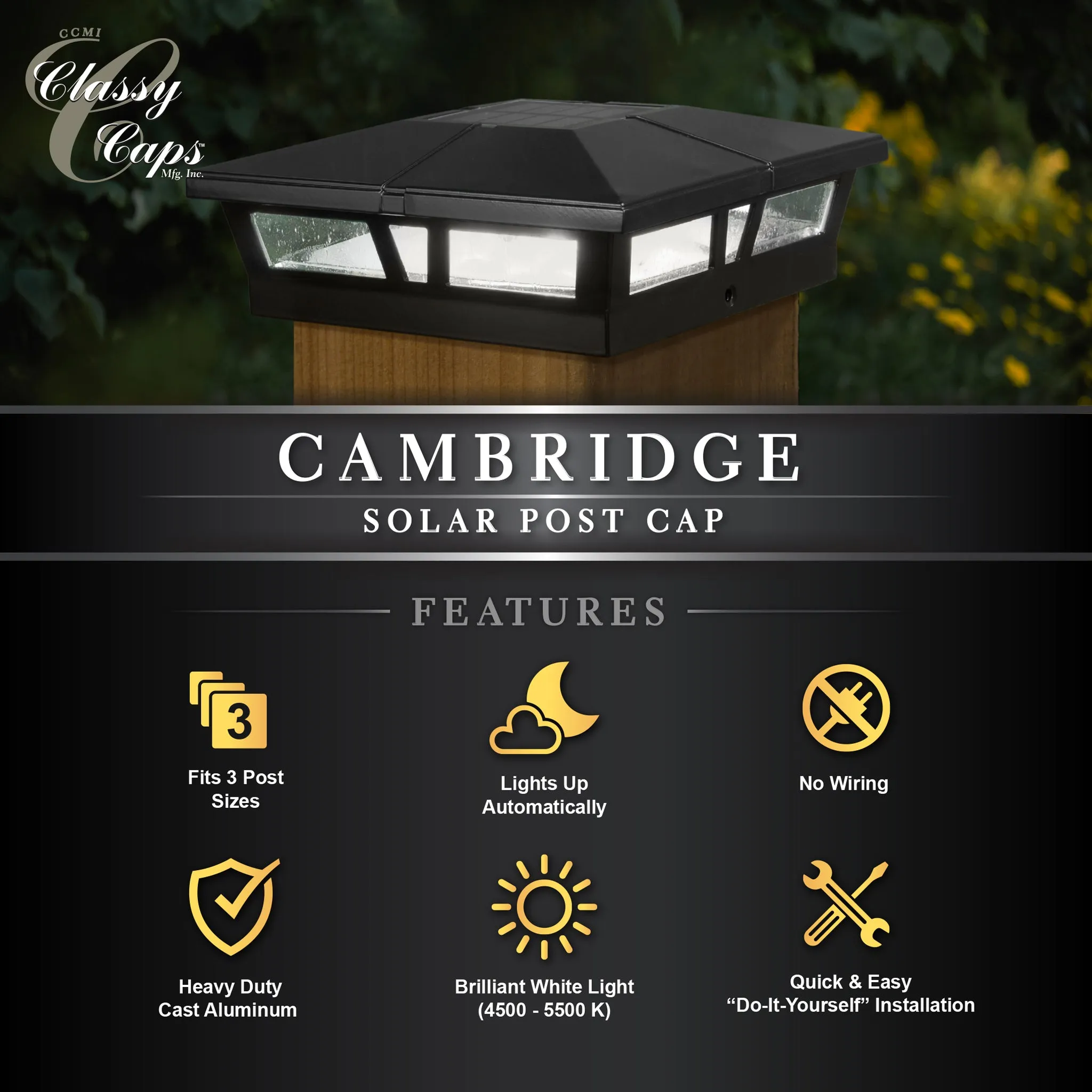 Classy Caps 6X6 Black Aluminum Cambridge Solar Post Cap SLC771B