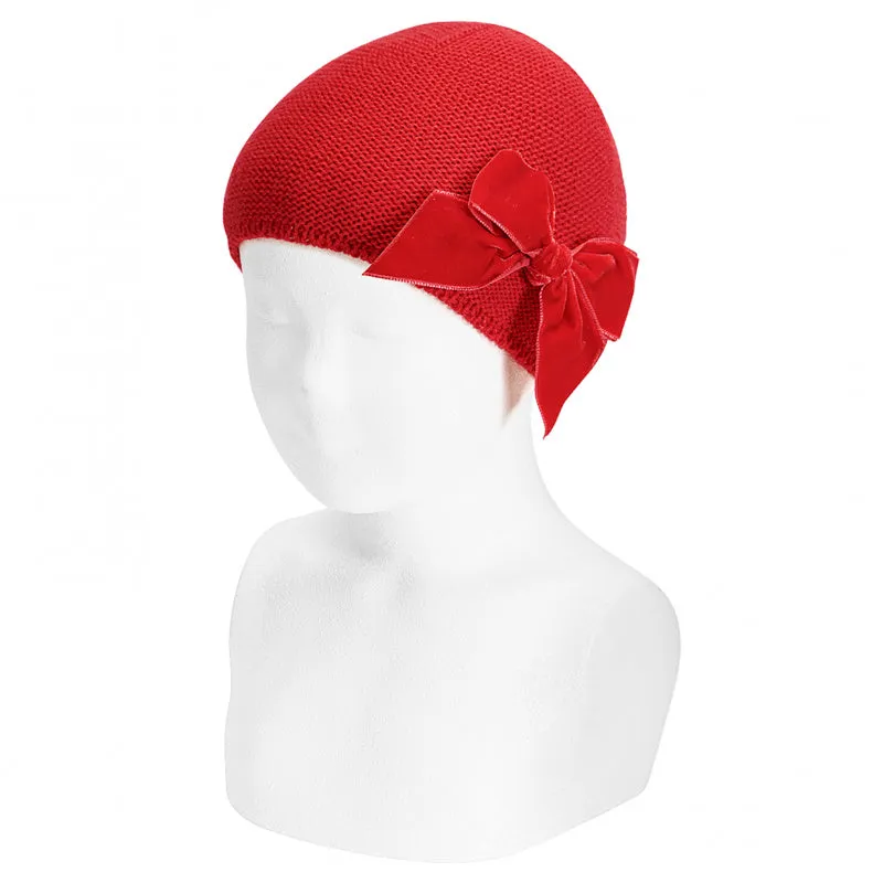 Cotton Garter Stitch Hat with Velvet Bow