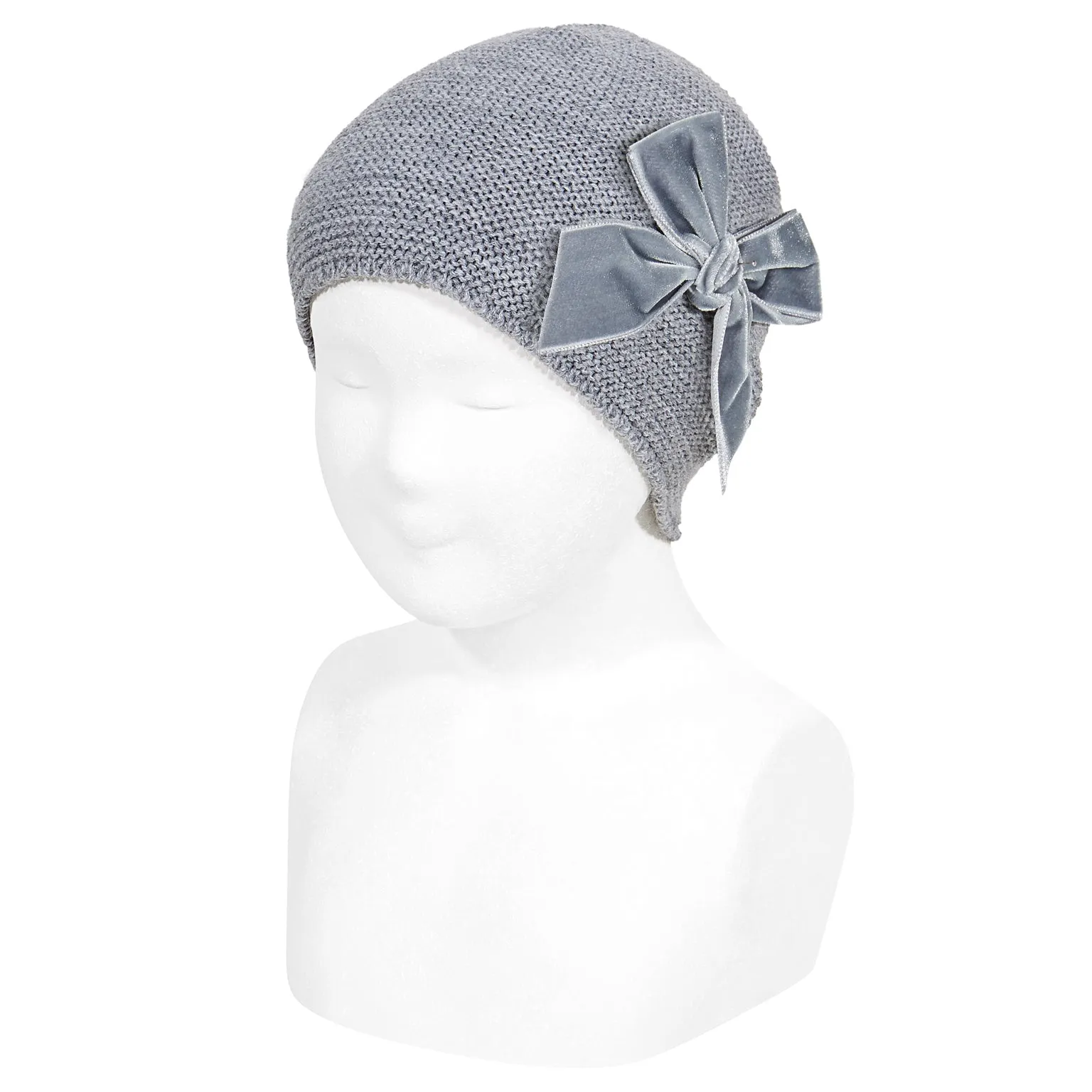 Cotton Garter Stitch Hat with Velvet Bow