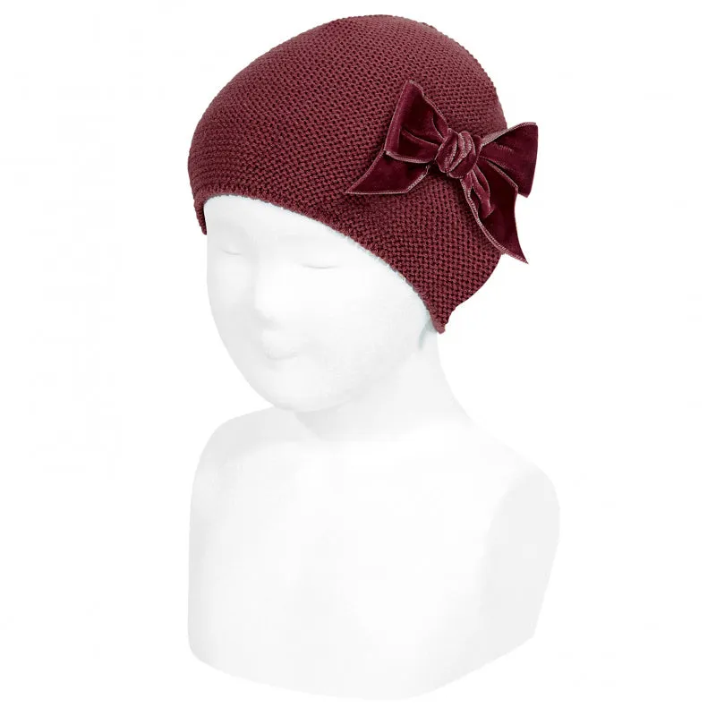 Cotton Garter Stitch Hat with Velvet Bow