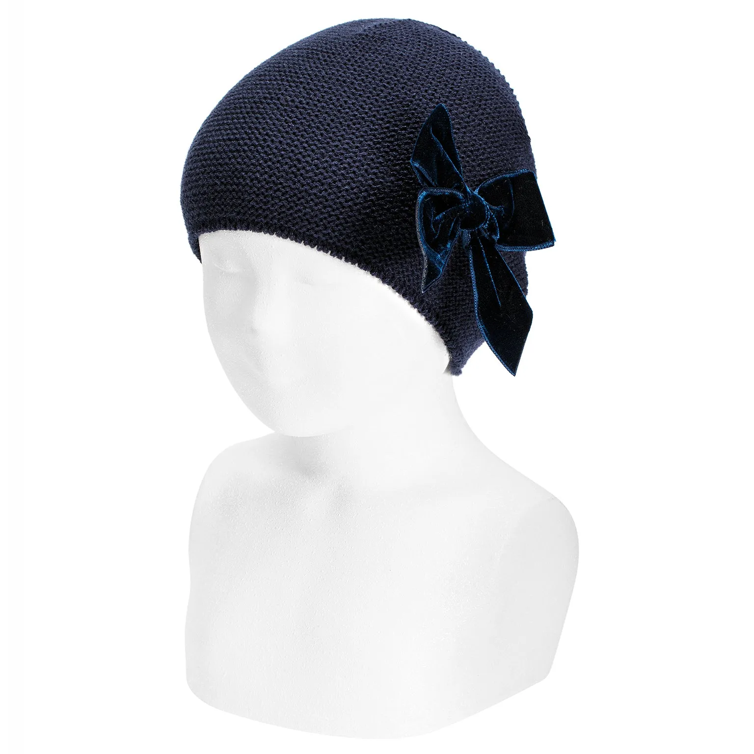 Cotton Garter Stitch Hat with Velvet Bow