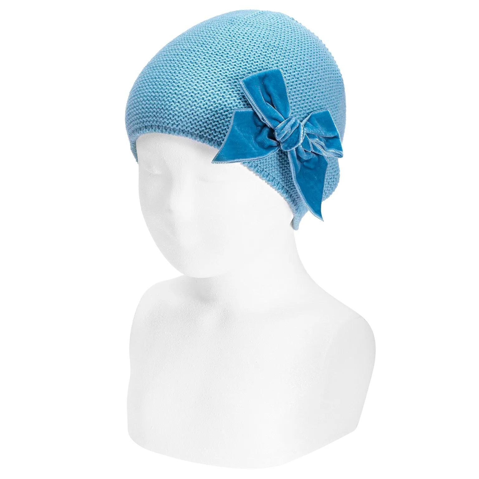 Cotton Garter Stitch Hat with Velvet Bow