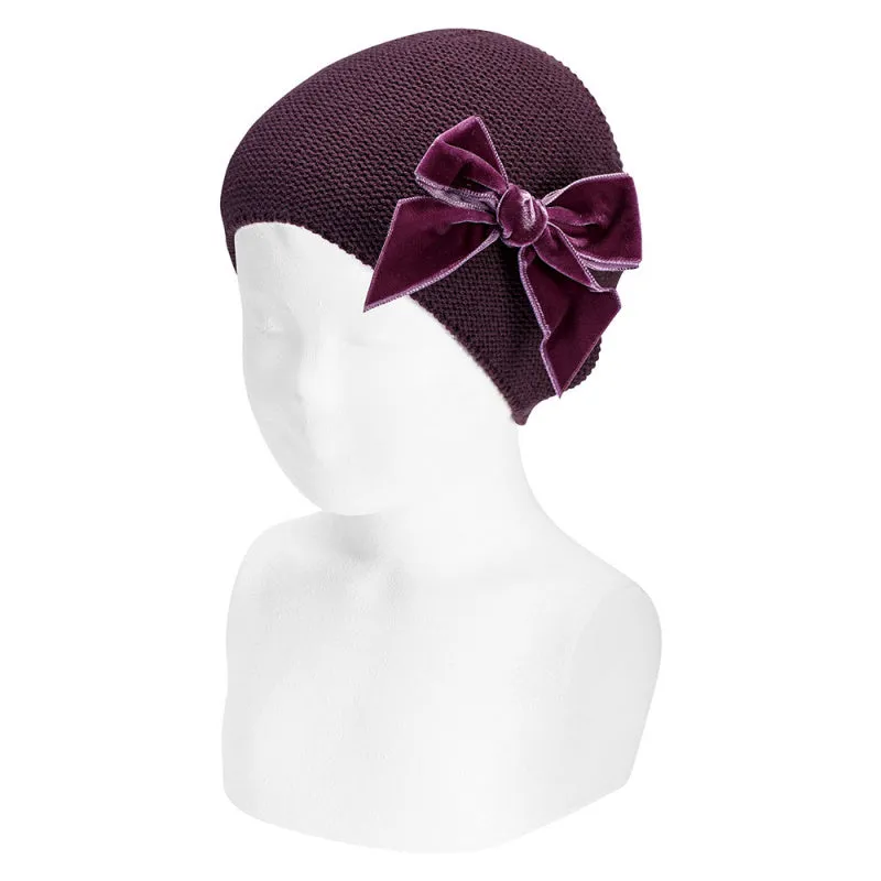 Cotton Garter Stitch Hat with Velvet Bow