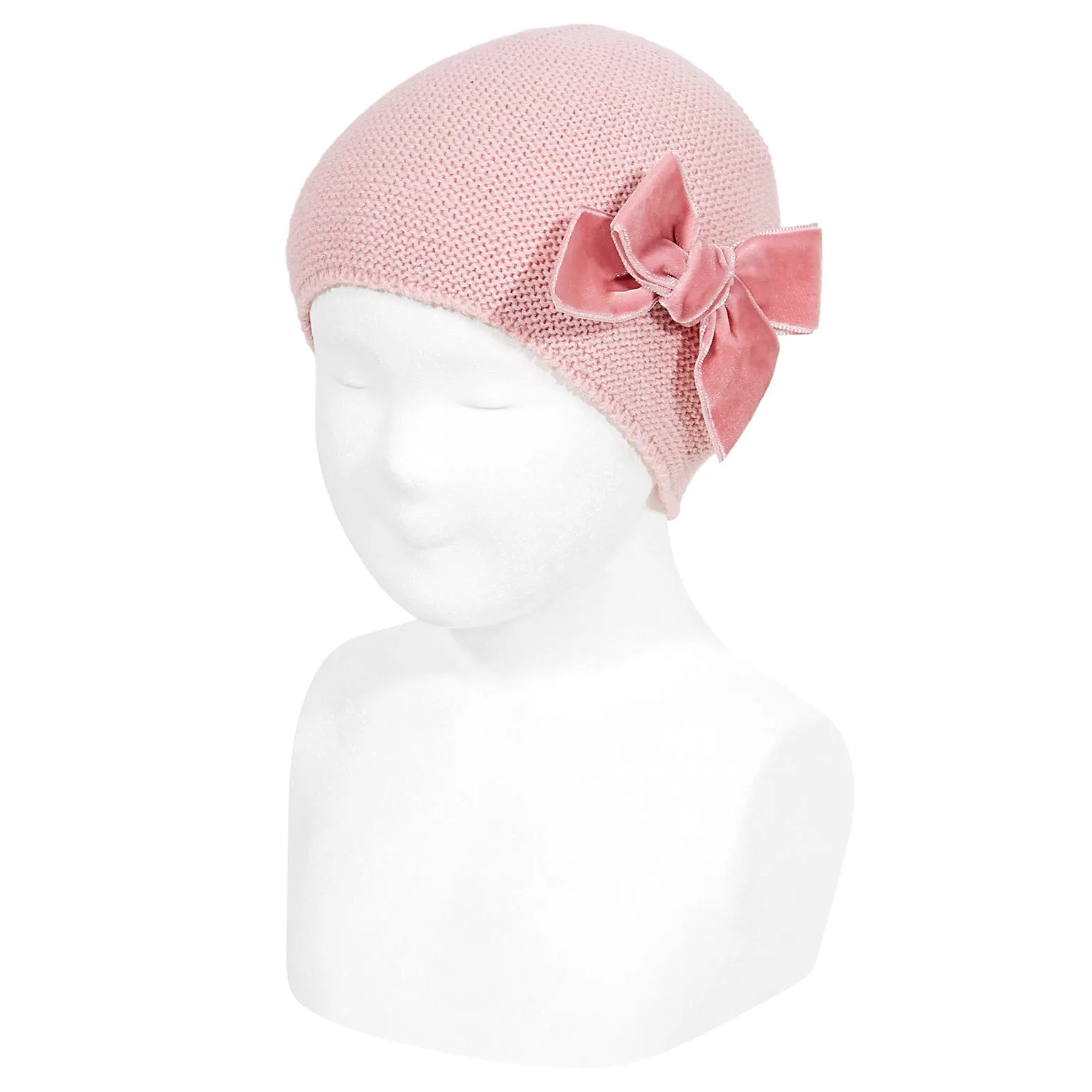 Cotton Garter Stitch Hat with Velvet Bow