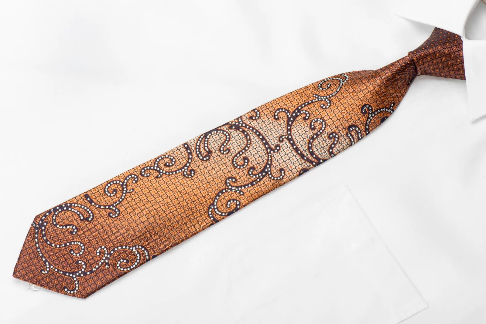 Crocodile Men's Crystal Silk Necktie Orange Geometric & Scrolls On Navy With Red Sparkles