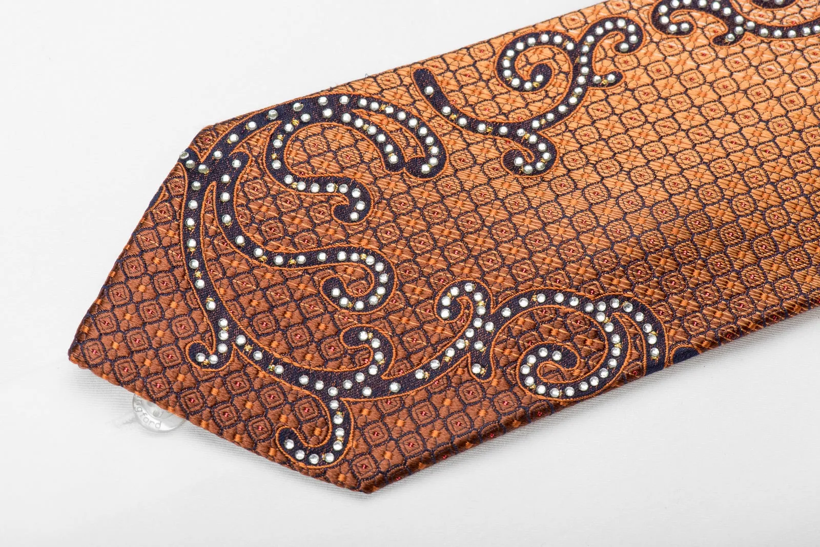 Crocodile Men's Crystal Silk Necktie Orange Geometric & Scrolls On Navy With Red Sparkles