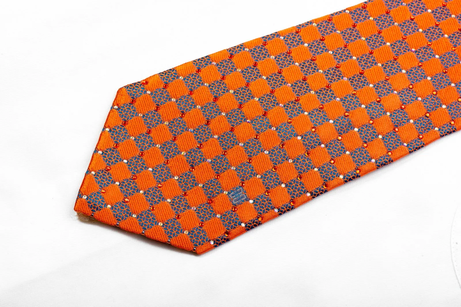 Daks Blue Orange Checkered With Sparkles Rhinestone Necktie