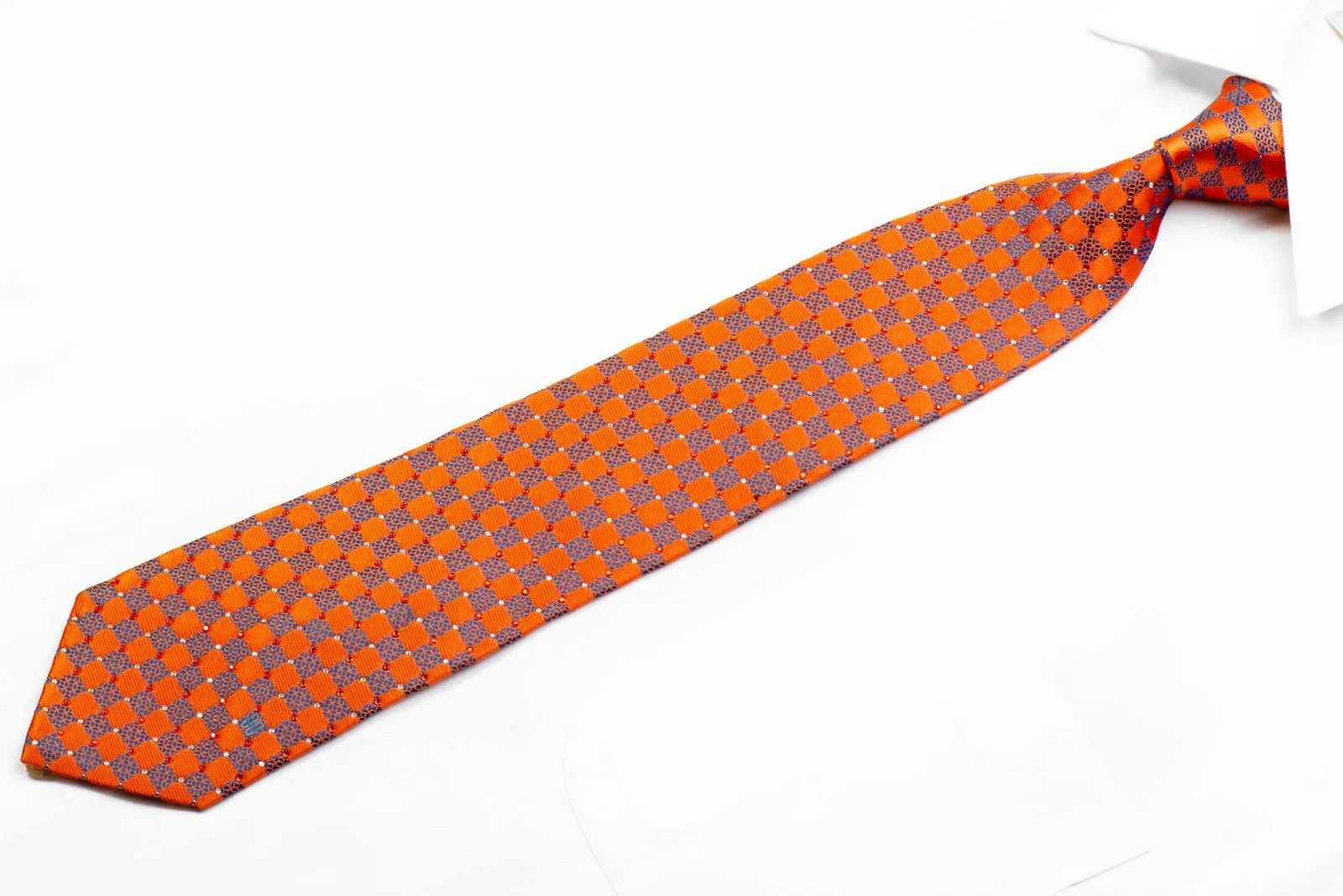 Daks Blue Orange Checkered With Sparkles Rhinestone Necktie