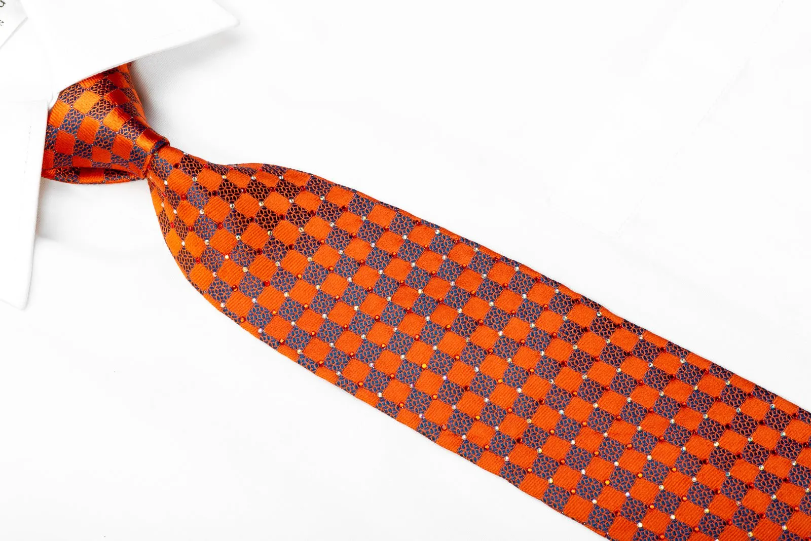 Daks Blue Orange Checkered With Sparkles Rhinestone Necktie