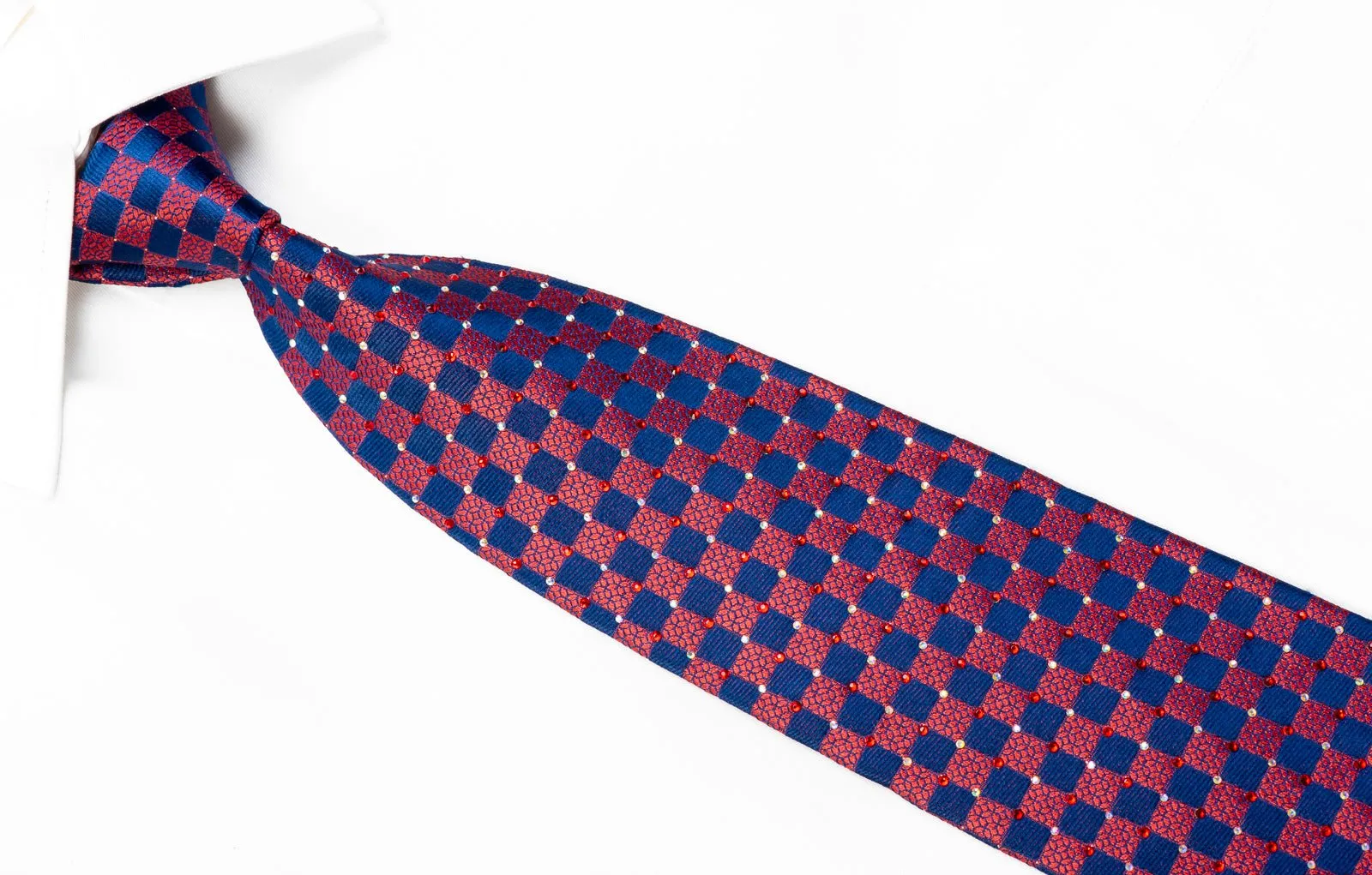 Daks Burgundy & Blue Checkered Rhinestone Silk Necktie