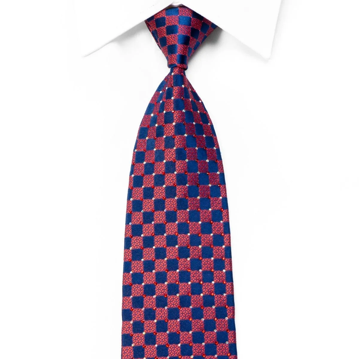 Daks Burgundy & Blue Checkered Rhinestone Silk Necktie