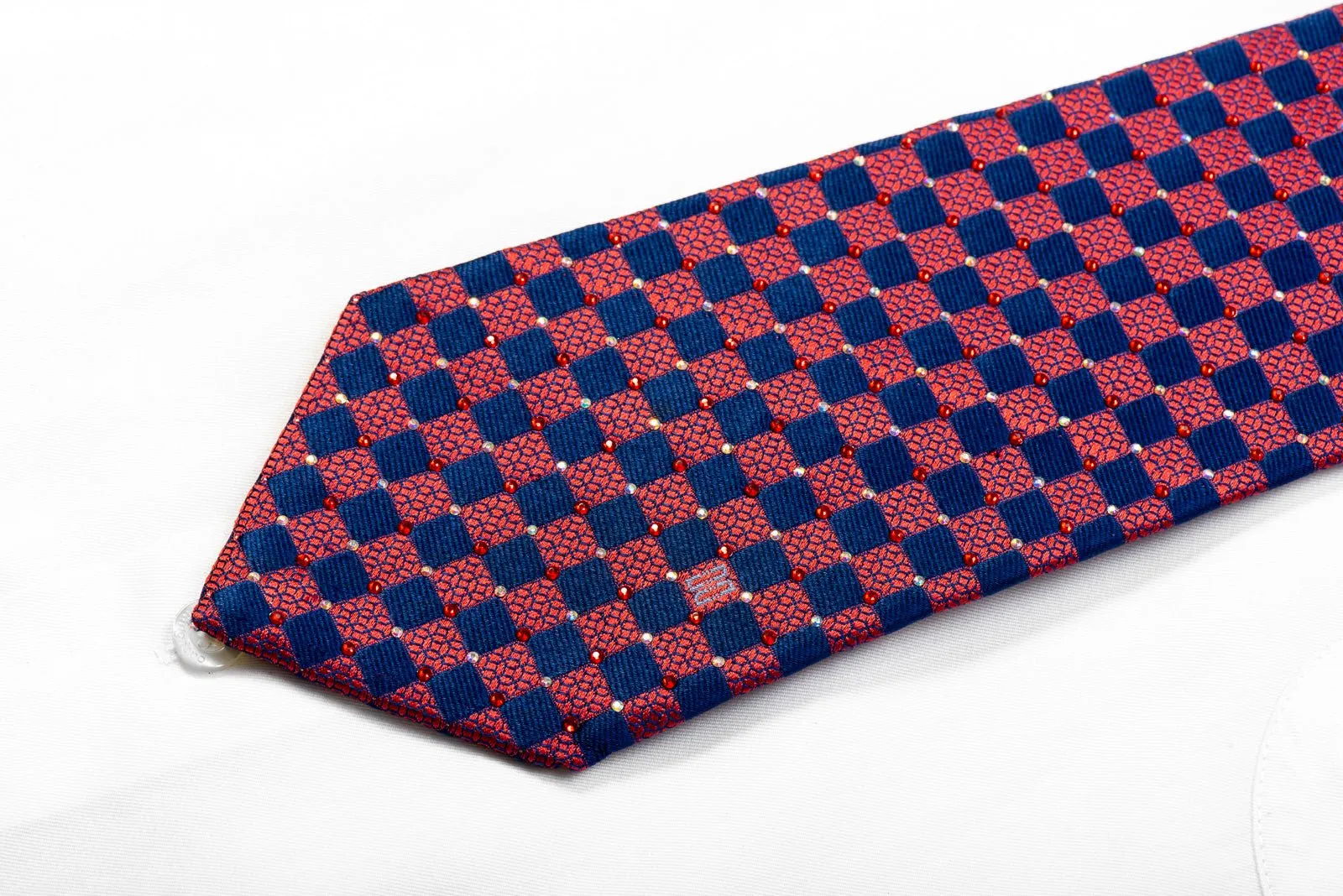 Daks Burgundy & Blue Checkered Rhinestone Silk Necktie