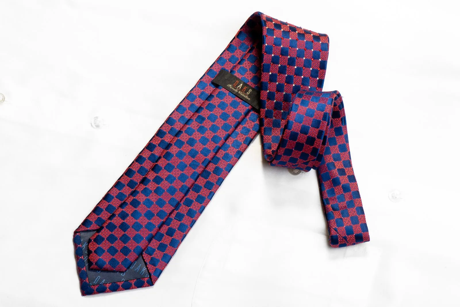 Daks Burgundy & Blue Checkered Rhinestone Silk Necktie