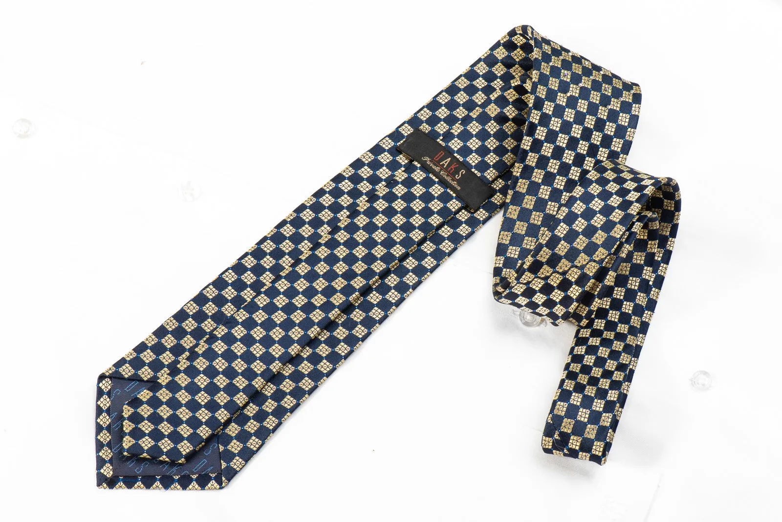 Daks Men's Crystal Rhinestone Silk Necktie Gold Navy Checkered With Red Sparkles