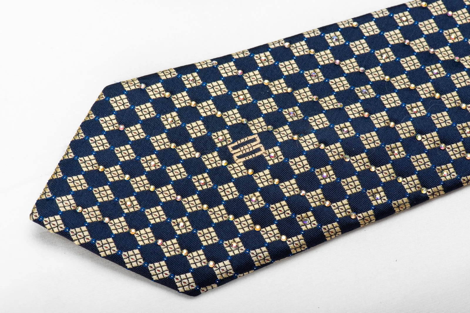 Daks Men's Crystal Rhinestone Silk Necktie Gold Navy Checkered With Red Sparkles