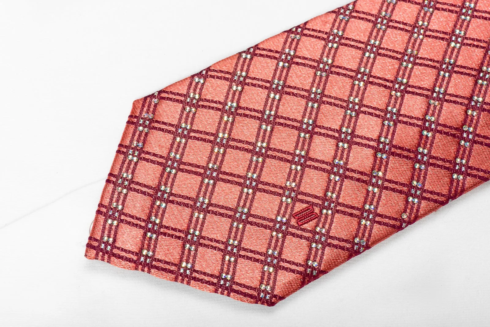 Daks Men's Crystal Silk Necktie Checkered On Pink With Silver Sparkles